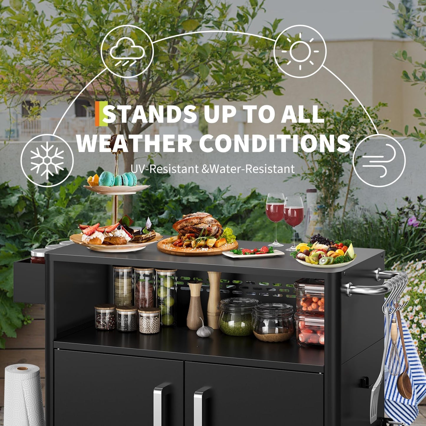 JoanKaren Outdoor Grill Cart with Storage, Heavy Duty BBQ Station with Lockable Wheels & Shelf, 1000 LB Capacity, Weather Resistant Outside Kitchen Island for Patio Garden Yard