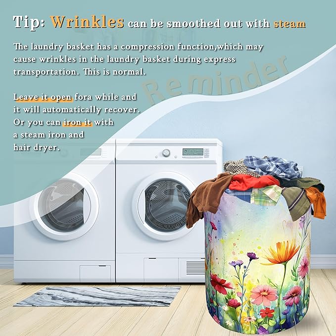 Watercolor Flowers Laundry Basket Wildflower Foldable Funny Laundry Hamper