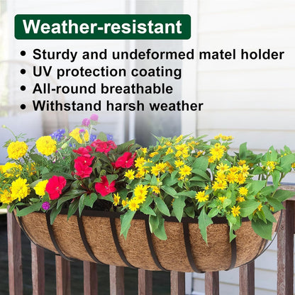 DUNCHATY 24 Inch Railing Planter Box 3 Pack - Metal Window Flower Box with Coco Coir Liner & Adjustable Hooks for Deck Balcony Porch Fence - Outdoor Horse Trough Planter for Herbs & Flowers