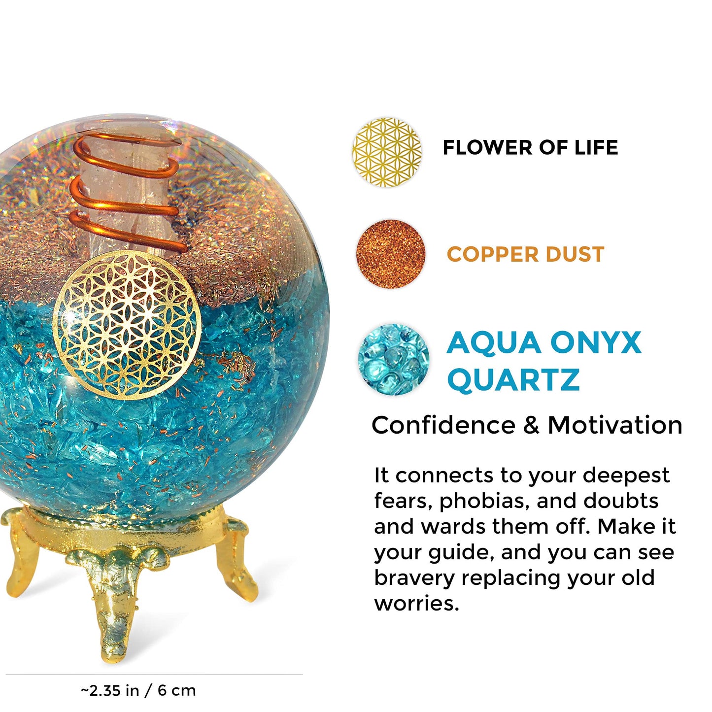 Orgonite Crystal Blue Aquamarine Crystal Ball with Stand for Positive Energy, Chakra Balancing –with Flower of Life Symbol to Promote Purpose, Serenity and Courage