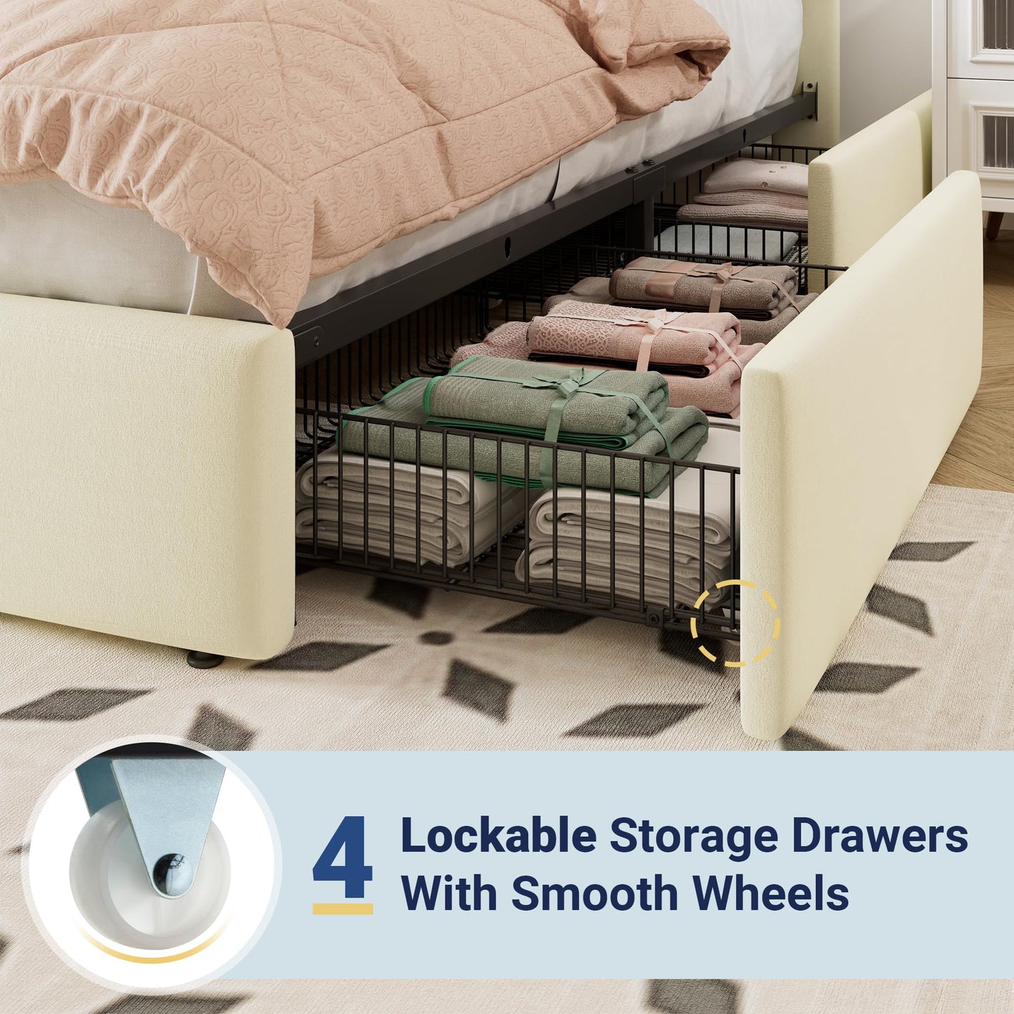 Allewie Queen Size Storage Bed Frame, Vertical Channel Tufted Adjustable Headboard, Velvet Upholstered Platform Bed with 4 Oversized Underbed Drawers, Wooden Slats Support, No Box Spring Needed, Cream