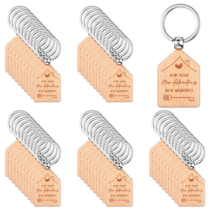 Ckhoid 50PCS New Home Keychain Bulk Welcome Home Keychain Gifts Wooden House Shaped Key Tag Move in Gifts Apartments House Key Chain for Family Client Buyer Customer