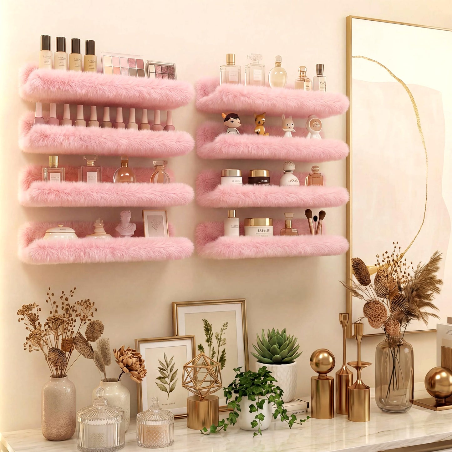 Care&More YJ 15 Inch Nail Polish Shelves, 4-Pack Fuzzy Display Nail Polish Rack for Storing Nail Bottles, Sunglasses, Essential Oils, Plush Soft Pink