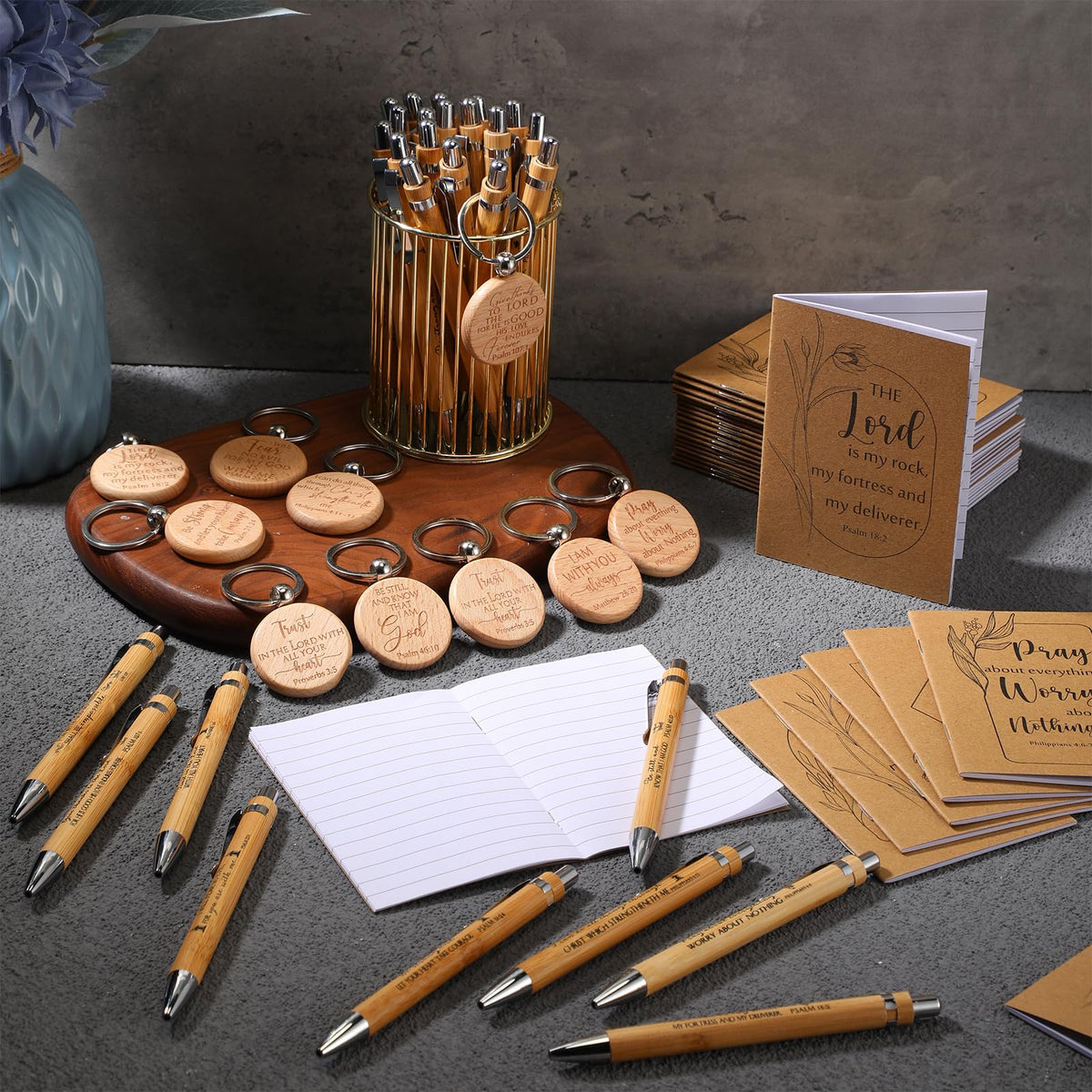 Kisston 30 Set Christian Gift Bulk - Bible Verse Inspirational Notepads, Bamboo Ballpoint Pens & Wooden Keychains for VBS Religious Party Favors Church Sunday Present