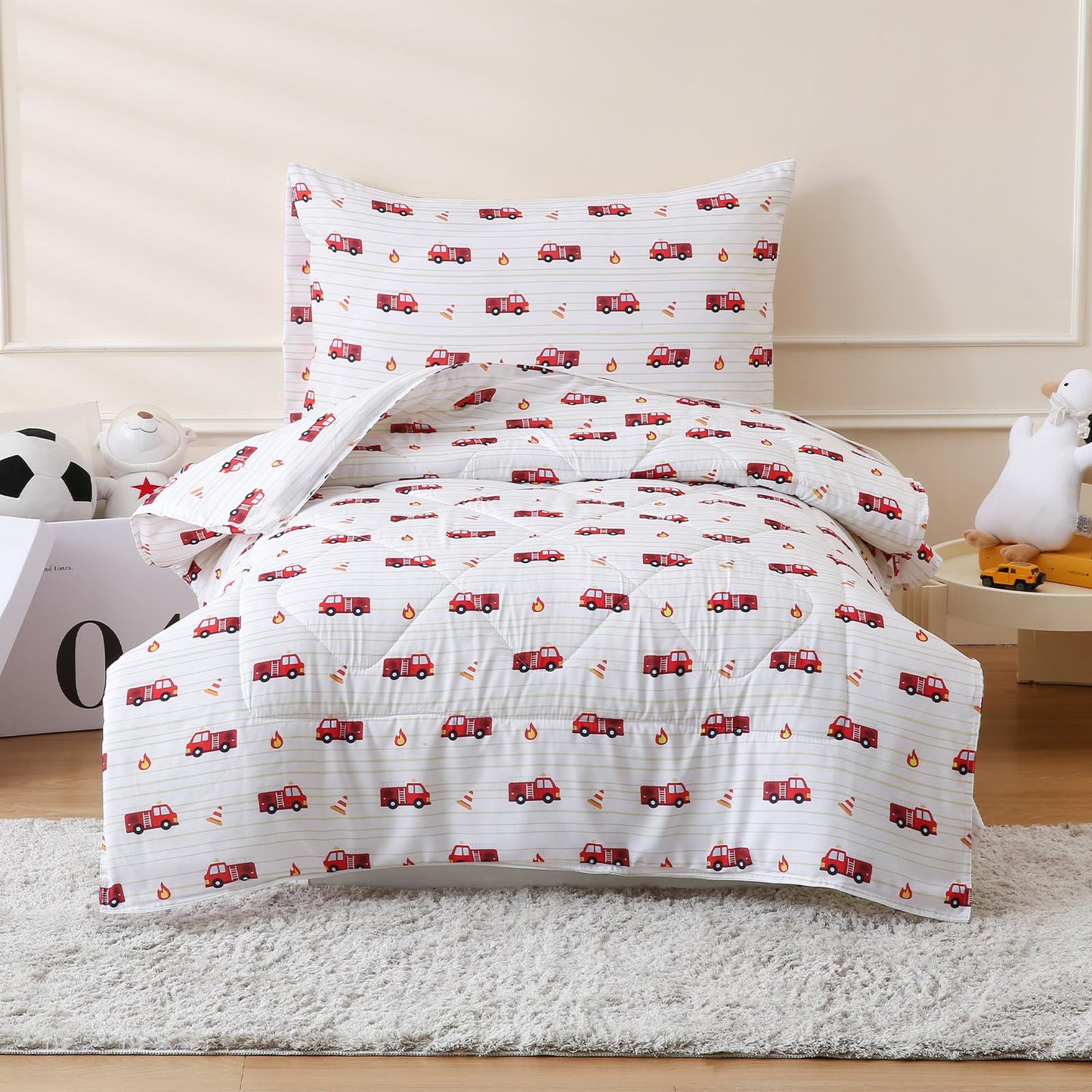 LONAVA Toddler Kids Comforter Set - 4 Pieces Toddler Bedding Sets for Boys Girls Children, Ultra Soft Microfiber Bed in A Bag with Flat Fitted Sheets, Fire Truck