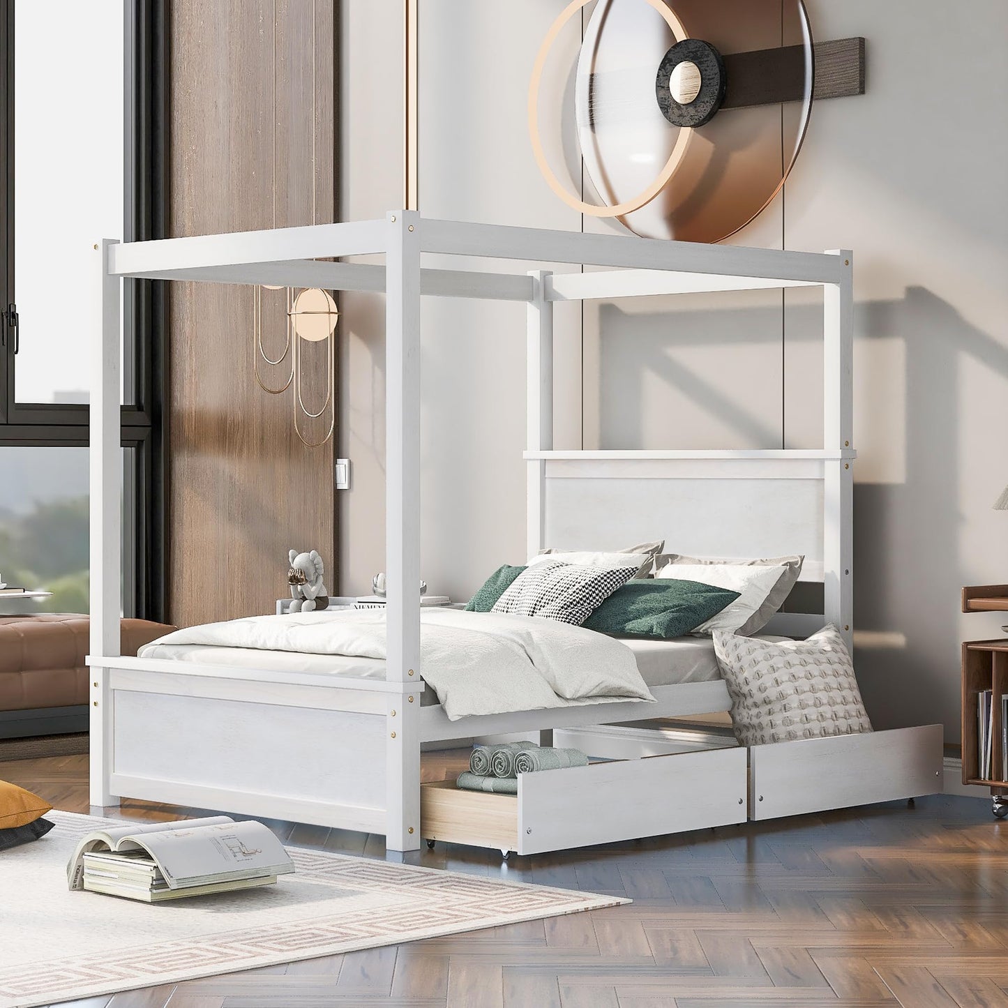 GDFStudio Full Size Canopy Bed Frame with 2 Storage Drawers, Solid Pine Wood Platform Bed Frame Full Size with Headboard Slat Support, Canopy Full Size Bed Frame, No Box Spring Needed, Brushed White