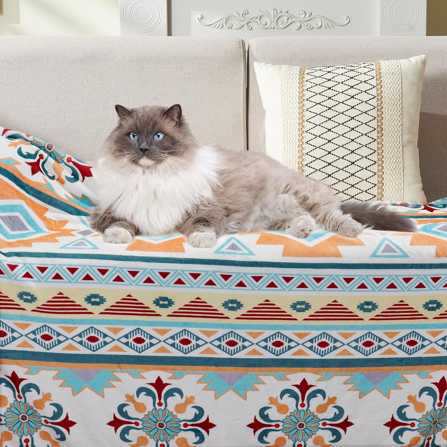 Boho Throw Blanket Bohemian Stripe Throw Ultra Soft Flannel Fleece Bed Blankets Cozy Fuzzy Plush Coach Cover Lightweight Vintage Geometrical Sectional Blanket for Sofa Bed 60" X 80"
