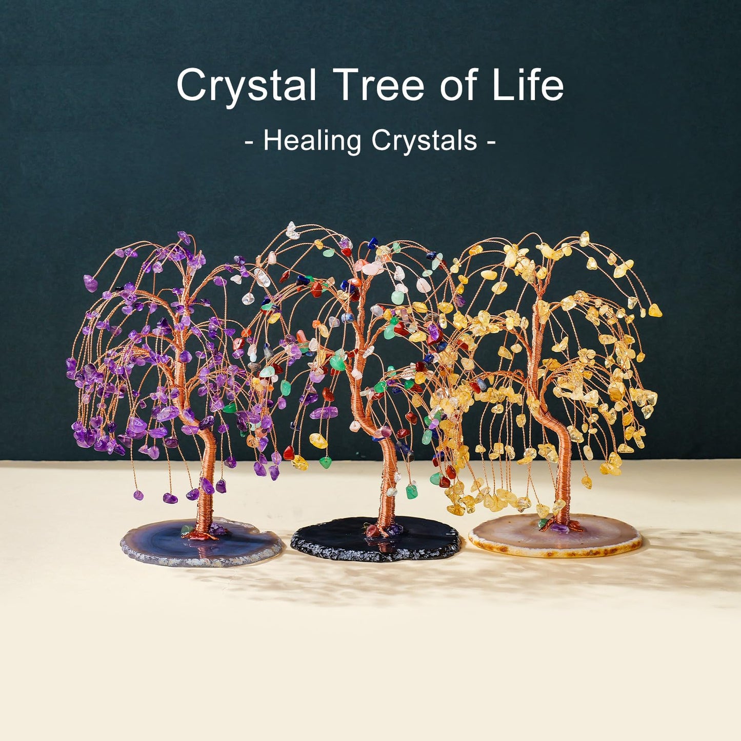 Runyangshi Natural Amethyst Crystal Tree of Life Handmade with Copper Wire - 7-8" Healing Crystals Gemstone Willow Tree Geode Agate Slices Base for Home Decor, Feng Shui Gifts, Office Desk Ornament