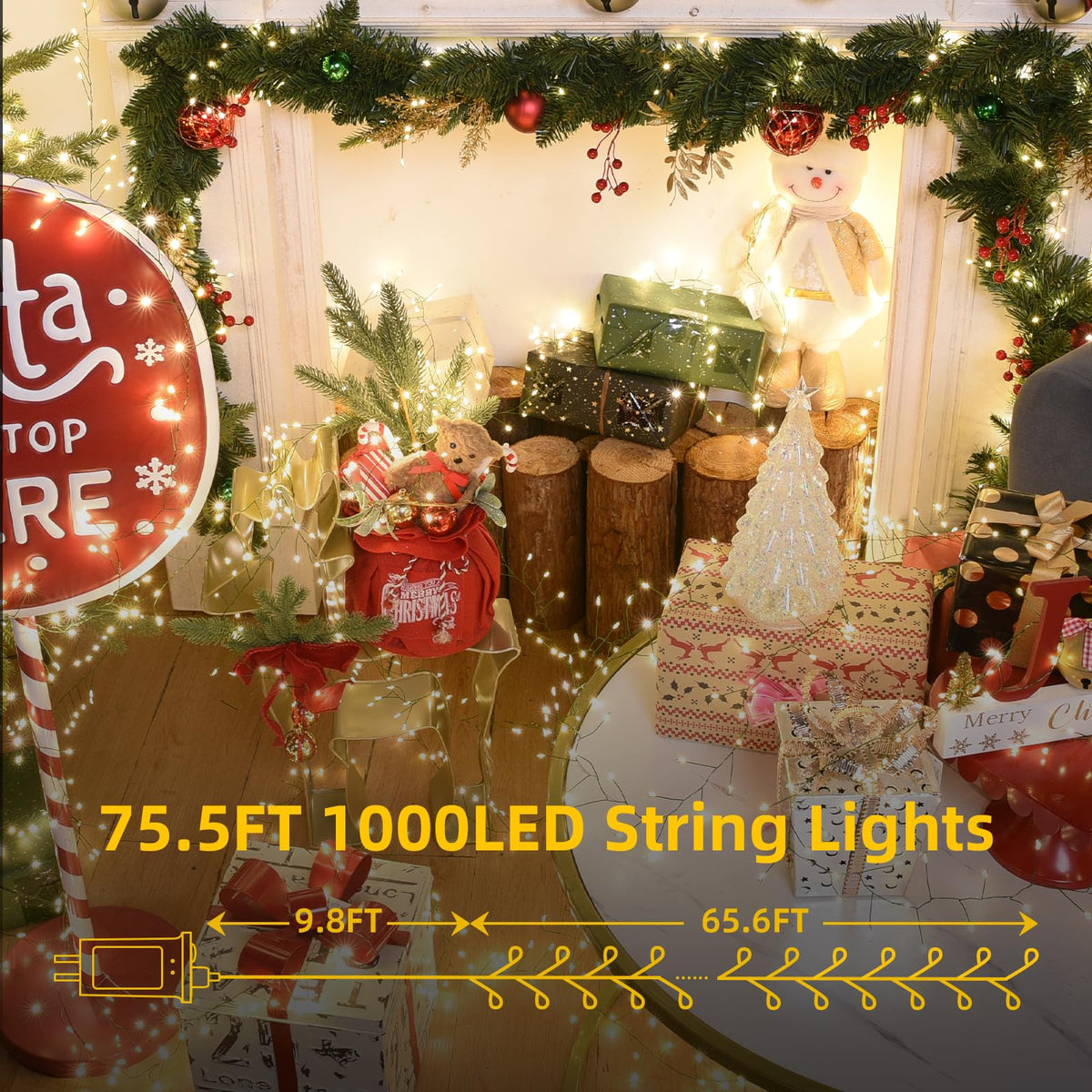 Lycklig Fairy Lights Plug in 65Ft 1000LED Warm Christmas Garland Lights with Timer Remote Waterproof Firecracker Twinkle Cluster String Light for Bedroom Wreath Party Wreath Tree Decor Green Wire