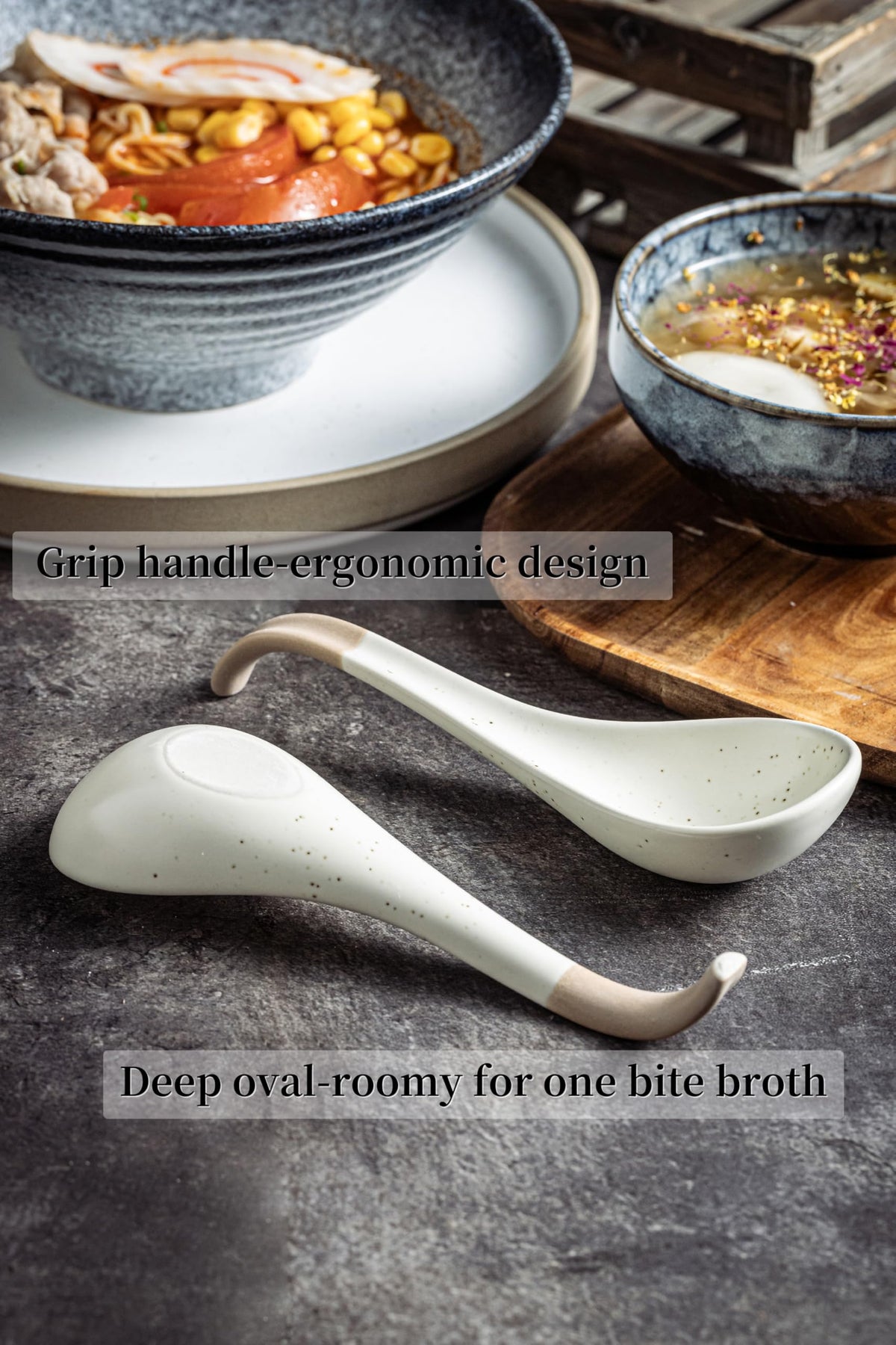 LYEOBOH 6 Pieces Asian Soup Spoons, Japanese Kitchen Soup Spoon Set, Dinner Tablespoons with Long Handle for Cereal, Ramen, Ice Cream, Dishwasher & Microwave Safe, Rustic Decor, White and Brown