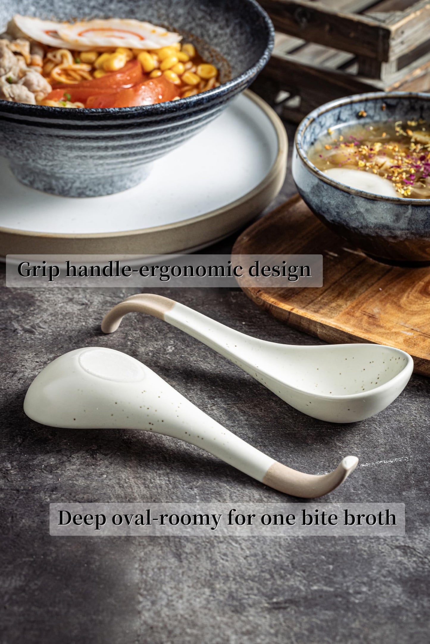 LYEOBOH 6 Pieces Asian Soup Spoons, Japanese Kitchen Soup Spoon Set, Dinner Tablespoons with Long Handle for Cereal, Ramen, Ice Cream, Dishwasher & Microwave Safe, Rustic Decor, White and Brown