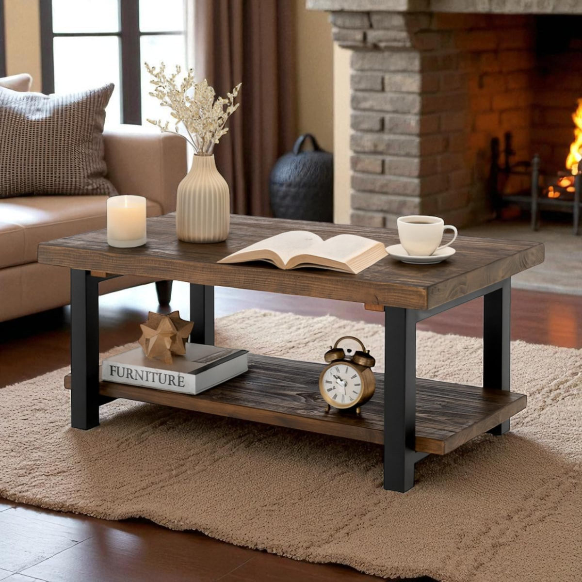 Pomona 42-Inch Rectangular Solid Wood Coffee Table with Storage Shelf & Metal Legs – Rustic Industrial Farmhouse Living Room Table by Alaterre Furniture (Rustic Natural)