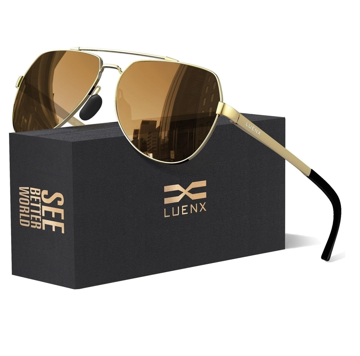 LUENX Men Women Aviator Sunglasses Polarized Shades Flexible Spring Hinge - Brown Lens Gold Metal Frame Large 60mm
