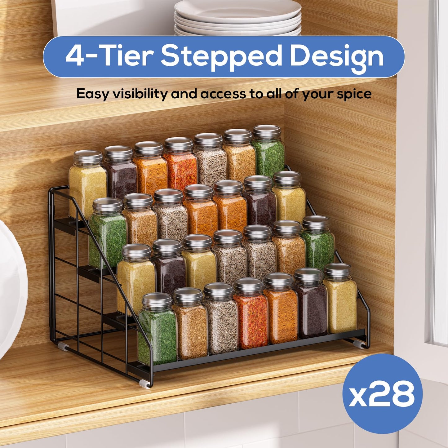 GIGIFTREE Spice Rack Organizer for Cabinet, 4 Tiered Spice Rack Organizer, Tiered Adjustable Spice Shelf for Kitchen Countertop Organization, Bright Black