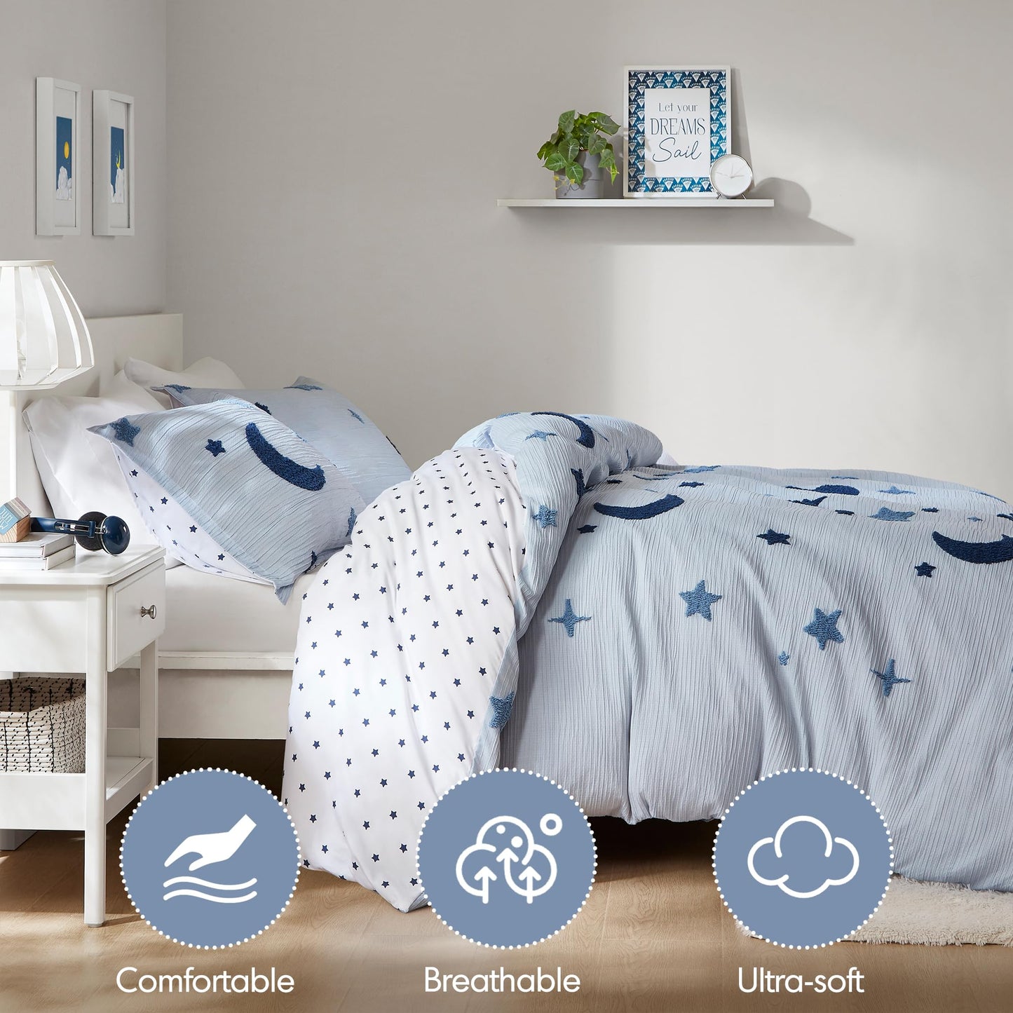 Intelligent Design Kids Cosmos Full Size Duvet Set – Blue Star and Moon Tufted Chenille, Reversible 3-Piece Bedding with Star Pillow, Full/Queen