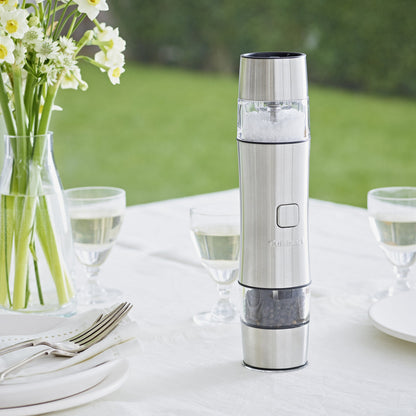 Cuisinart Electric Salt and Pepper Grinder Set Rechargeable Seasoning Mill No Batteries Needed, 20 Min Charging Measuring Cap Adjustable Grind Settings 3 Year Guarantee Silver