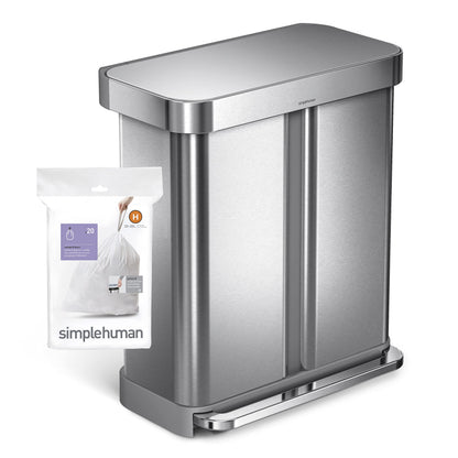 simplehuman Code H 60 Liners, 50% Recycled Custom Fit Bin Bags in Dispenser Packs with Durable Drawstring Tie Handle, 30-35L, White