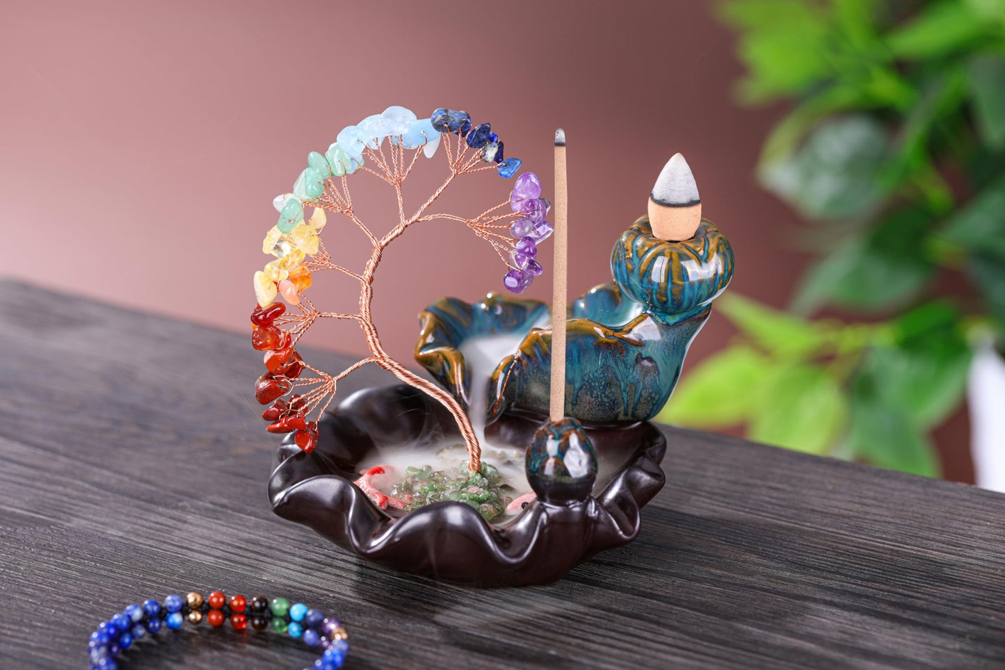 Jovivi Backflow Incense Burner Ceramic Incense Waterfall,7 Chakra Stones Healing Crystal Money Tree Incense Holder for Wealth, Good Luck, Yoga Meditation, Home Decor