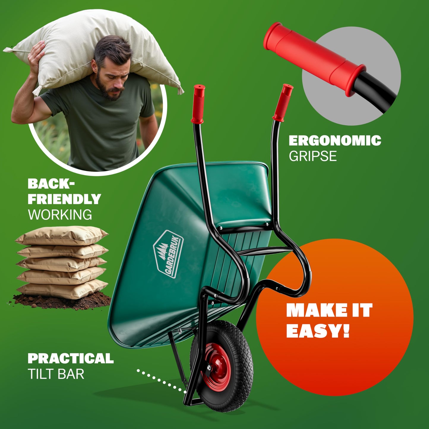 GARDEBRUK® Heavy Duty Garden Wheelbarrow | 100L 250KG | Pneumatic Tyre | Steel Rim | Impact-Resistant Polypropylene Tub | Strong Large Transport Trolley Handcart Wheel Barrow | Green & Black