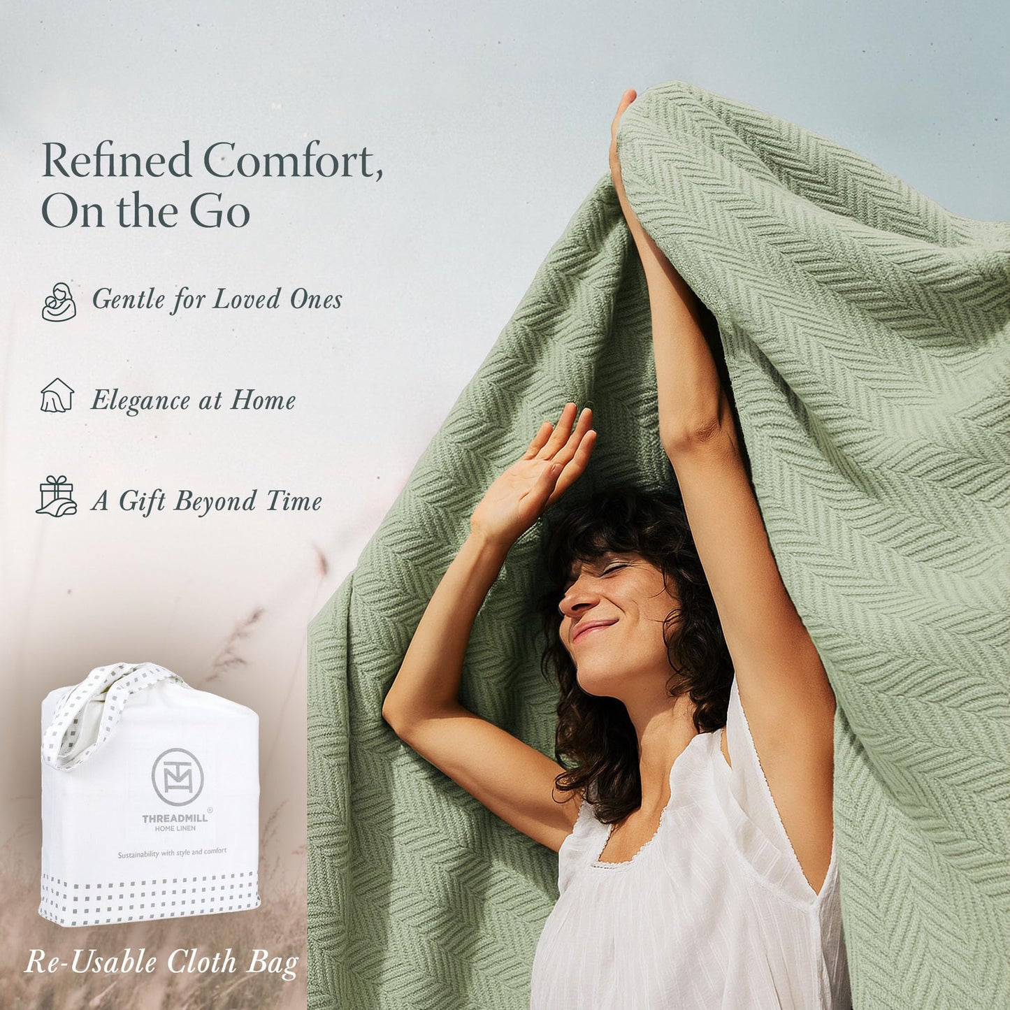 Threadmill Luxury Cotton King Size Blanket | All-Season Cozy Cotton Blankets for King Size Bed | Herringbone Soft Fall Thermal Blanket fits California King Size Bed 106 x 92 | Sage Green