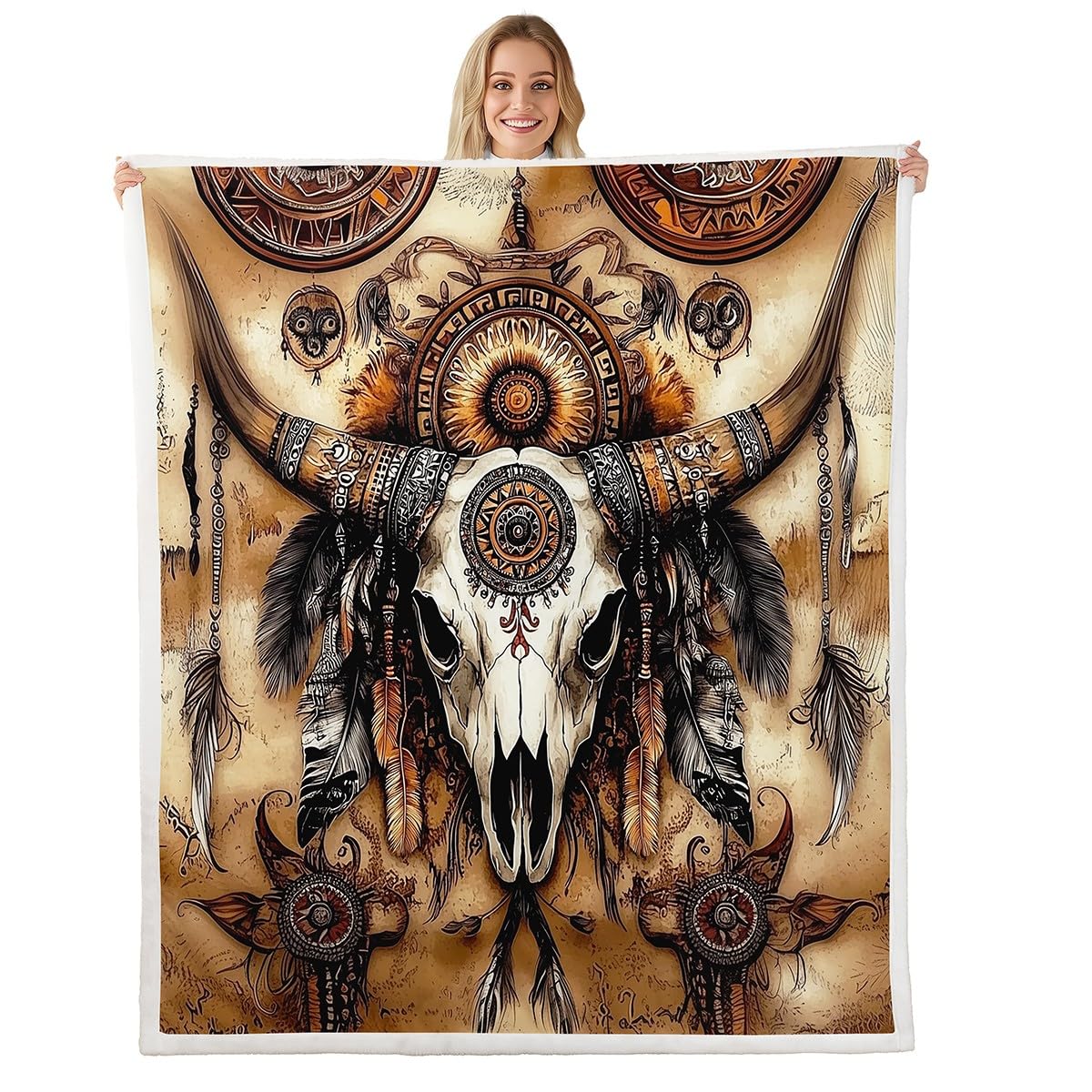 Cow Skull Fleece Blanket Gothic Sherpa Blanket 90"x90", Ethnic Tribal Southwestern Western Exotic Native American Fuzzy Plush Throw