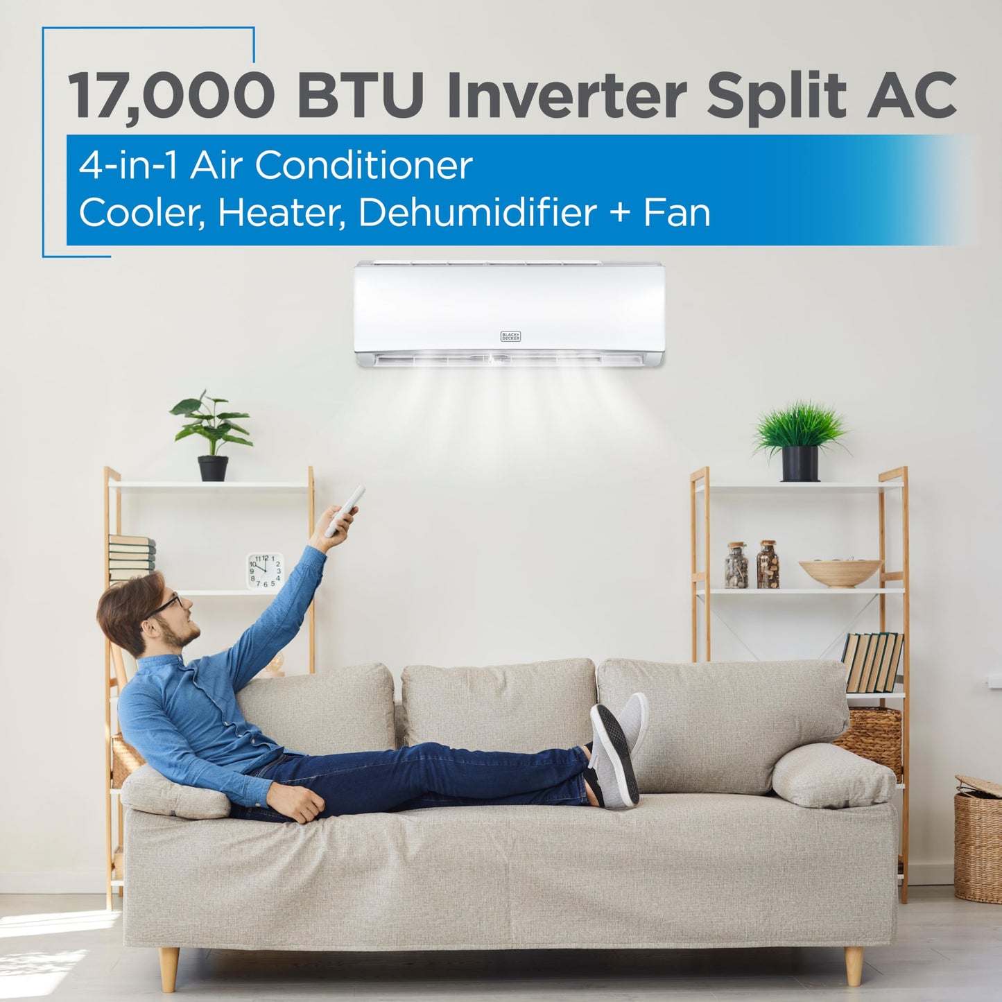 BLACK+DECKER 17,000 BTU Smart Mini Split Air Conditioner with Heat, Inverter Compressor, Wi-Fi, Voice Control, 17 SEER2, 4-in-1 AC Unit, App Available, Remote, 230V, BSA1720TC, White