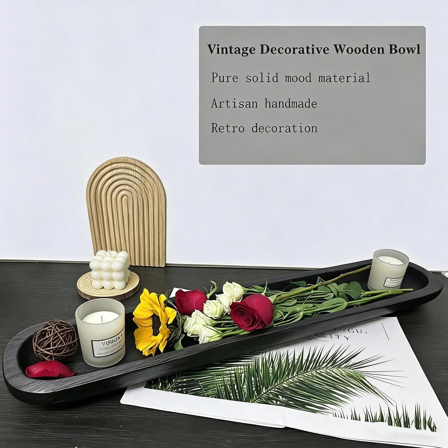 Wooden Dough Bowls Decorative，Rustic Bread Long Bowls Decor Wood Tray, Hand Carved for Table Centerpiece Decor, Home Decor (30 * 6 * 2 inch Black)