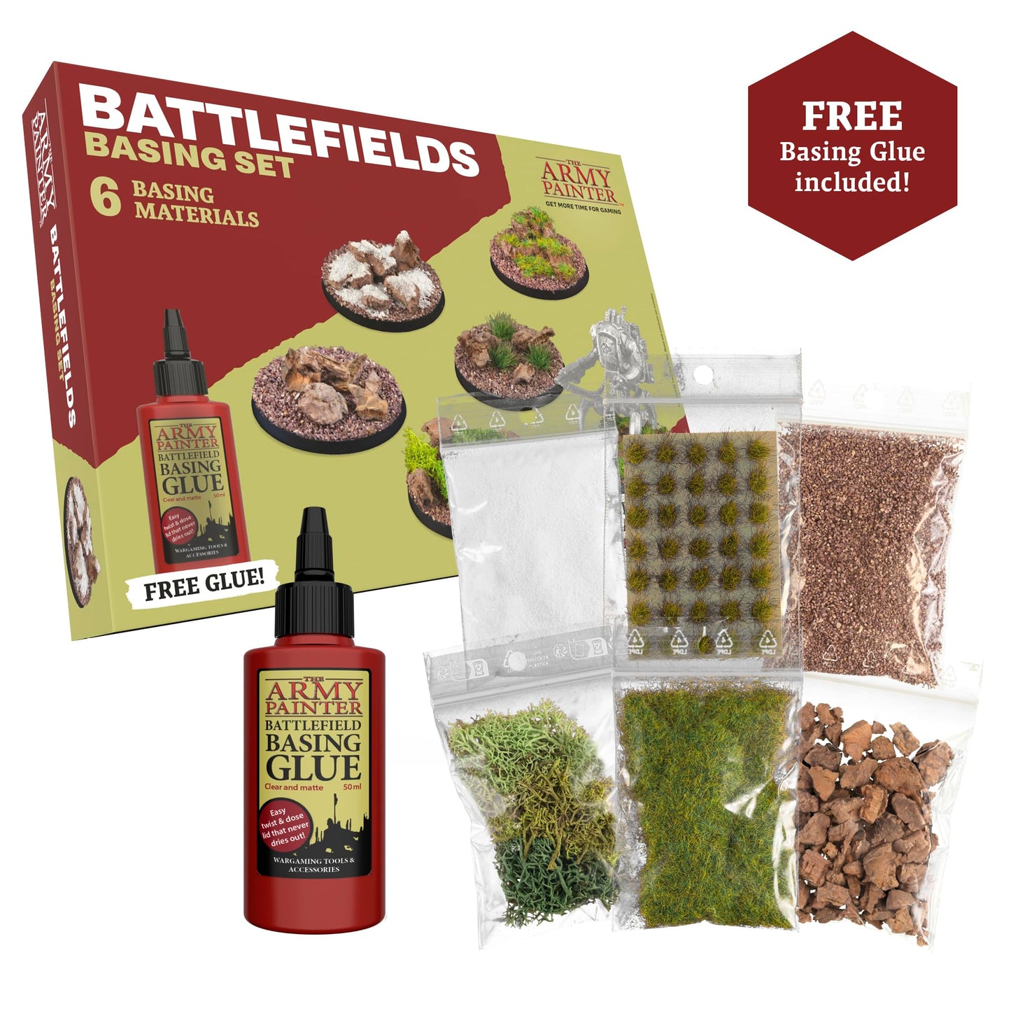 The Army Painter Battlefields Basing Set, 50ml PVA Glue, 35 Green Tufts, 1 Box of Fake Moss/Grass, Brown Battleground, Summer Undergrowth, Battle Rocks and Battlefield Snow for Warhammer 40k