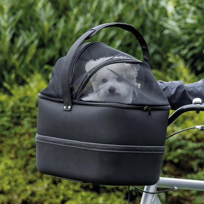 TRIXIE dog bike basket for front up to 13.2 lbs – 16.1 × 18.5 × 11.4 inches – dog bicycle basket for handlebars – includes rain cover and mesh top, 13108