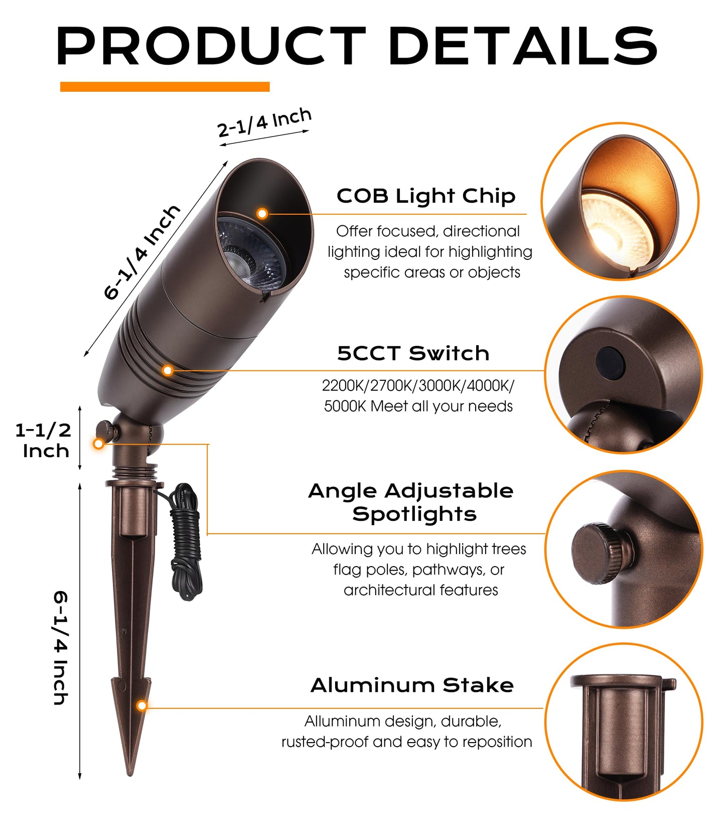 CLOUDY BAY 9W 5CCT LED Landscape Lighting Low Voltage (AC/DC 12V) Outdoor Spotlights with Spike Stand,Waterproof Pathway Lights,2200K/2700K/3000K/4000K/5000K Selectable,Pack of 4,Bronze