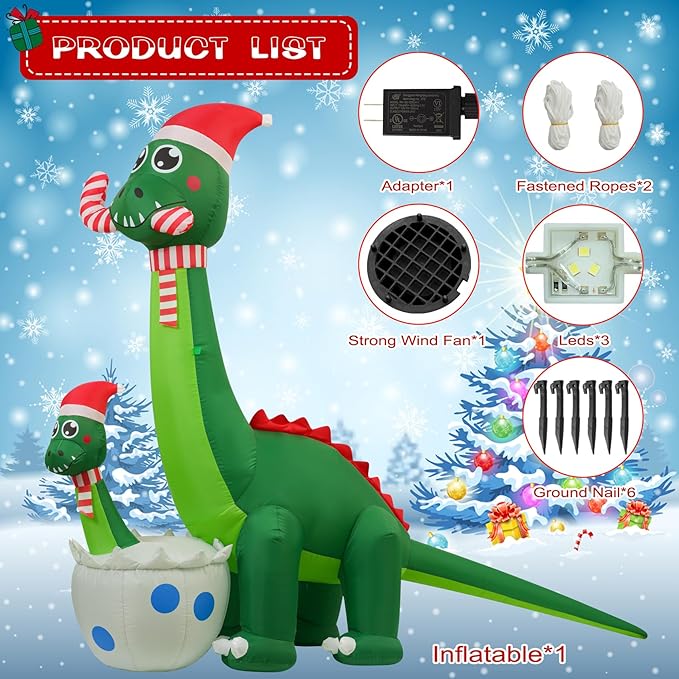 Onory 6 FT Christmas Inflatables Outdoor Decorations Inflatable Christmas Dinosaur and Dinosaur Baby with Build-in LEDs Blow up Holiday Decorations for Yard Garden Outdoor Indoor Decor