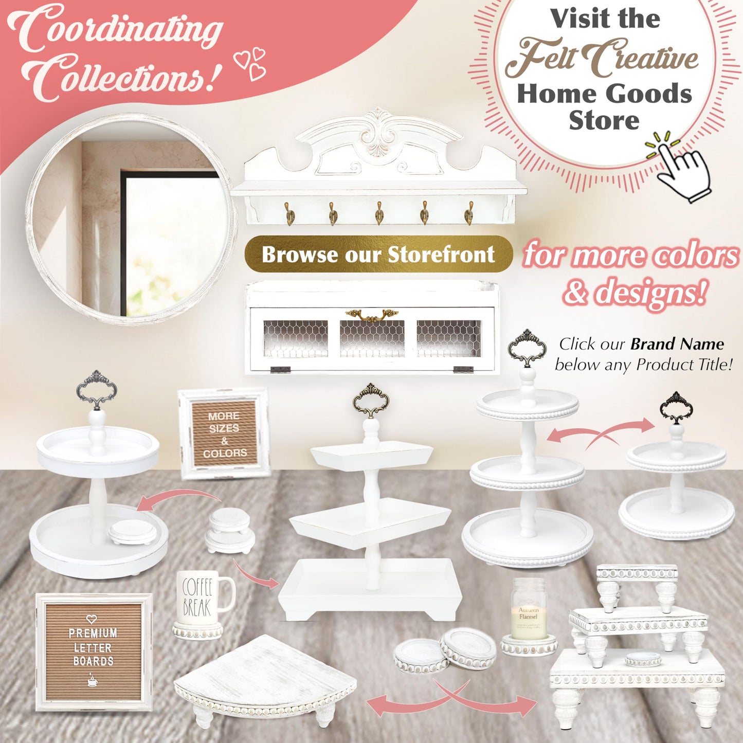 Felt Creative Home Goods Set of 2 Round Rustic Wood Beaded Risers - Sturdy 2-Sided Stackable Decor Pedestal Stands for Tiered Tray, Candle, Mug Display (Rustic White, 5 inch)