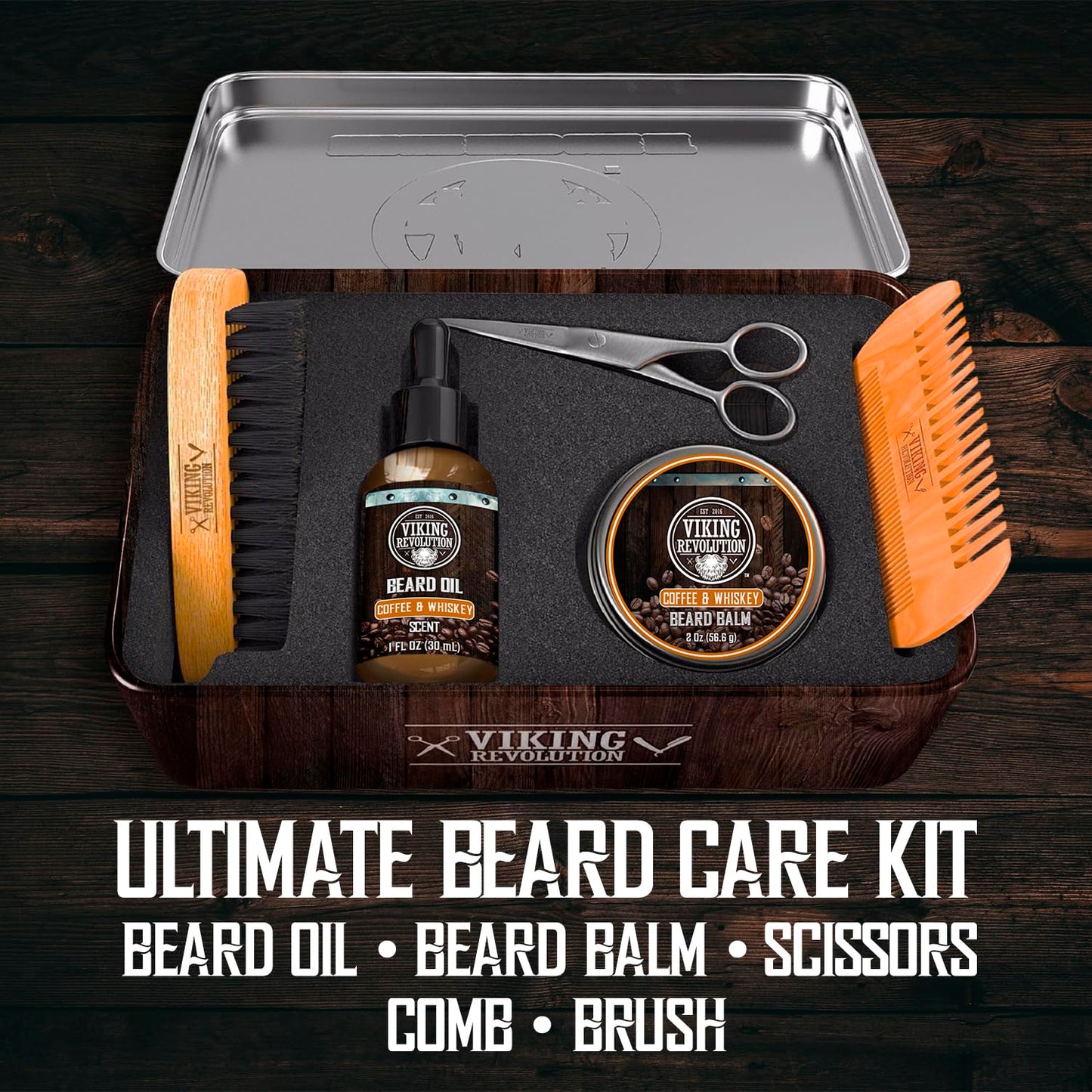 Beard Growth Kit - Oil, Balm, Serum, Derma Roller & Wooden Comb for Beard & Mustache Growth