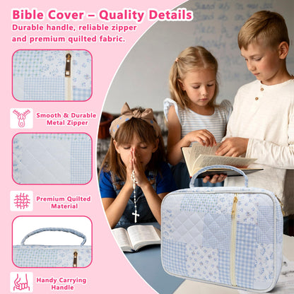 CasaRovela Bible Cover for Women, Large Quilted Case with Handle, Durable Bag and Carrying Case for Girls, Study Supplies Accessories, Christian Gift for Women (Blue Spliced Flower, Large)