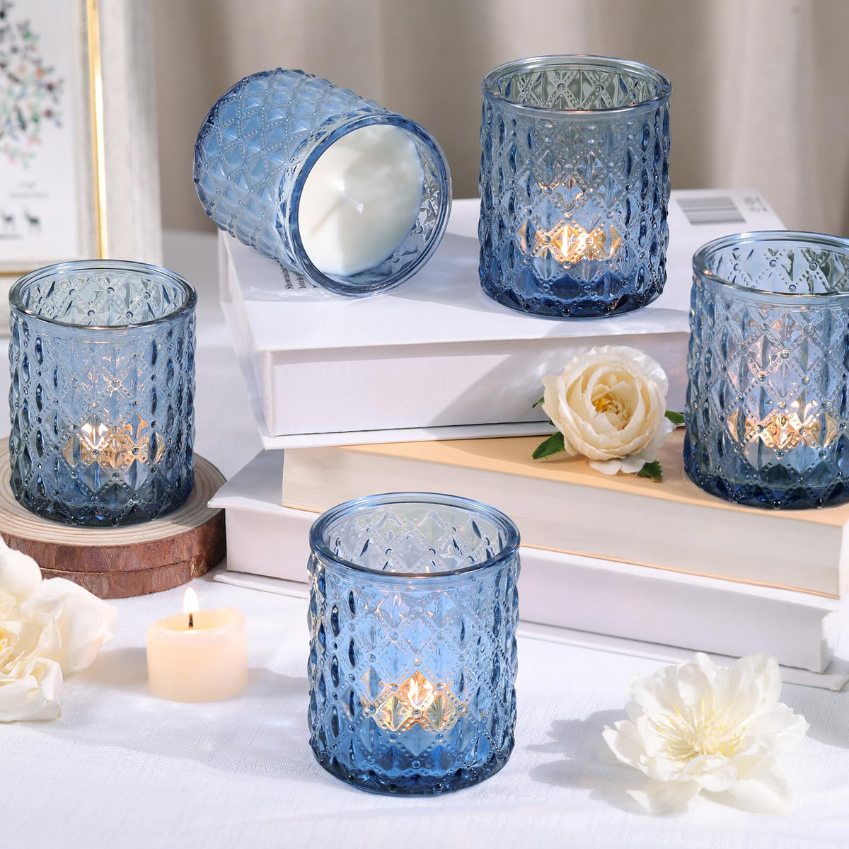 8 Pcs Large Votive Candle Holders Blue Tea Light Candle Holders Glass Candle Holder for Wedding, Bridal Shower, Table Centerpiece, Party, Home Decor