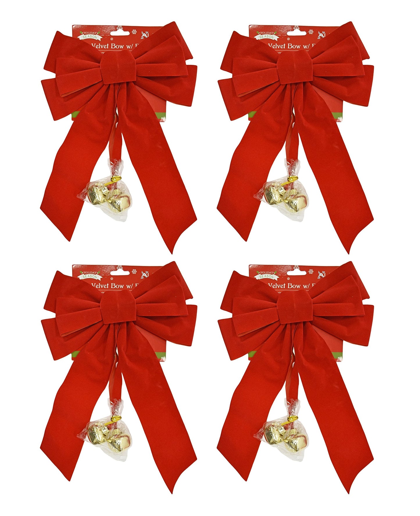 Set of 4 Red Velvet Festive Holiday Christmas Bows With Bells - Perfect as Tree Ornaments - Tree Filler - Decorative Ornaments - Perfect for Preparing for the Holidays! (4, Red Velvet With Bells)