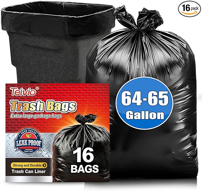 Teivio Large Black Trash Bags 64-65 Gallon 16 Counts Industrial Sturdy Garbage