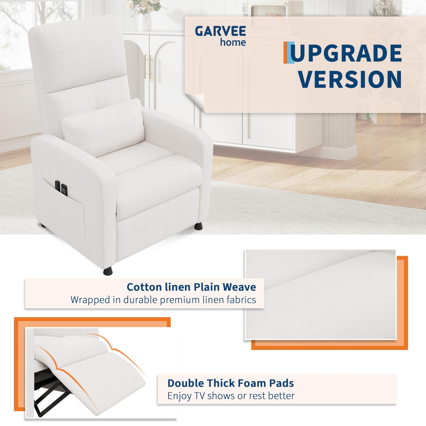 Garvee Power Recliner Chair, Adjustable Electric Recliner Ergonomic Overstuffed Single Sofa, Padded Seat, Side Pockets and USB Port, Home Theater Seating for Living Room