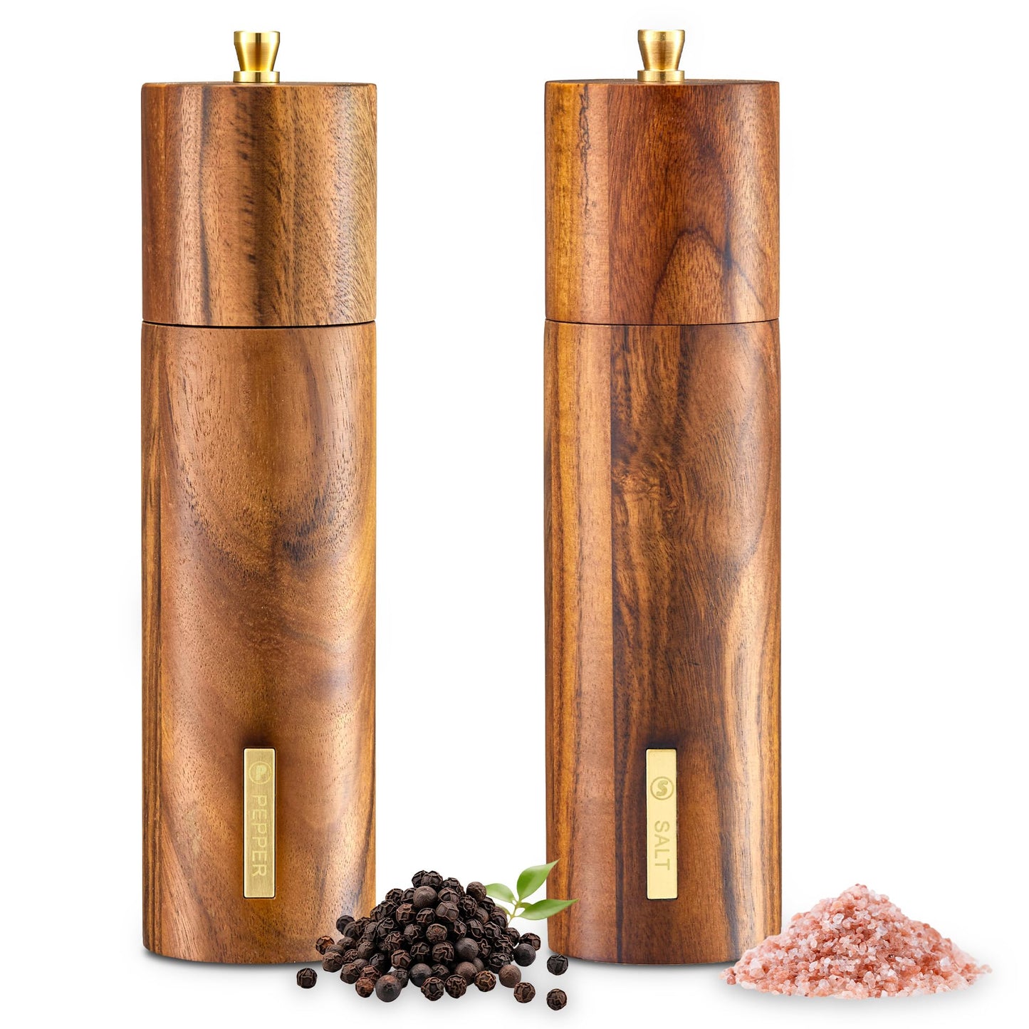 2 Pack Acacia Wooden Salt and Pepper Grinder Set with Gold Label, Premium 8 Inches salt and pepper shakers, Manual Wood Grinders with Adjustable Coarseness Ceramic Core, Ideal for Kitchen Home Gift
