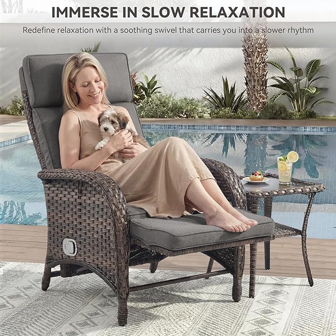 3 Pieces Zero Gravity Wicker Patio Recliner Chairs Set of 2 - Wicker Outdoor Lounge Chair with Side Table, Adjustable Backrest & Footrest, High Back Outdoor Recliner Chair for Pool Deck Gray