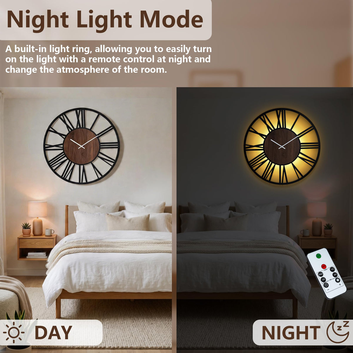 Jassurance Large Lighted Wood Wall Clock Remote Control, Roman Numeral Modern Decorative Clock with Silent Movement, Battery Operated Clocks for Living Room Decor