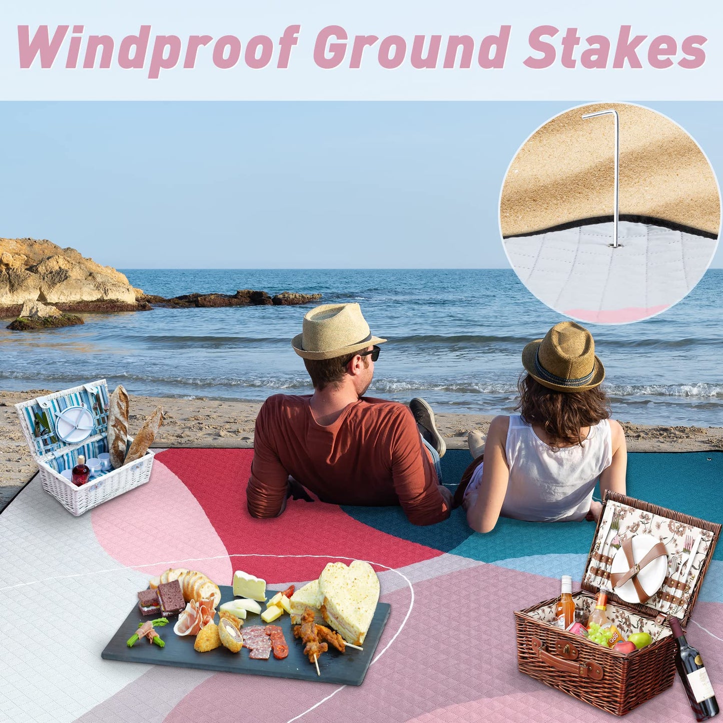 PY SUPER MODE Picnic Blankets Extra Large, Waterproof Foldable Outdoor Beach Blanket Oversized 83x79” Sandproof, 3-Layer Picnic Mat for Camping, Hiking, Travel, Park, Concerts(Abstract Pink)