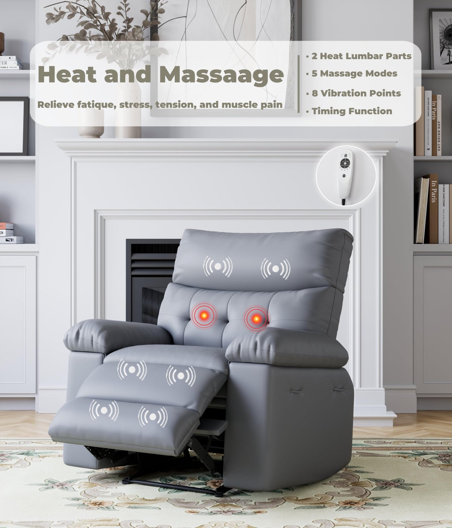 GarveeHome Oversized Leather Recliner Chair - Heat and Massage, Swivel Rocker Manual Recliner for Adults, Lazy Rocking Chair with Comfort Arms and Back Single Sofa for Living Room