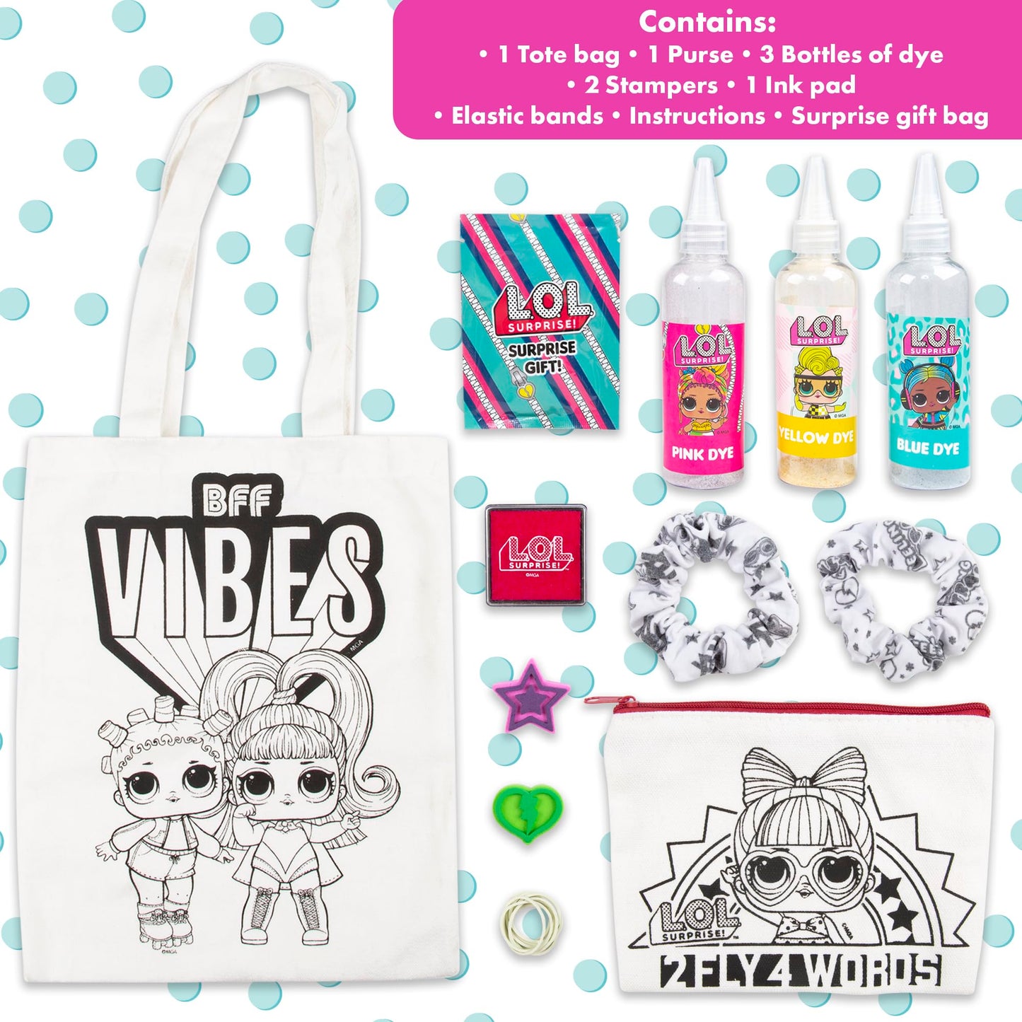 L.O.L. Surprise! Tie Dye Accessories Set - Tie Dye Kit Containing: 1 Tote Bag, 1 Scrunchie, 1 Purse, 1 Head Band and 1 LOL Surprise Gift – Arts and Crafts Gifts for Girls - LOL Toys for Girls