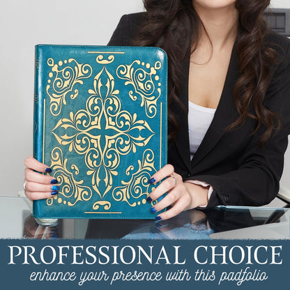 Professional Padfolio for Organized Productivity, Zippered Portfolio, Business Card & Interview Portfolio, Tablet, Laptop, Phone & Folder Holder, Included Pen & Notepad, Antique Teal Binder.