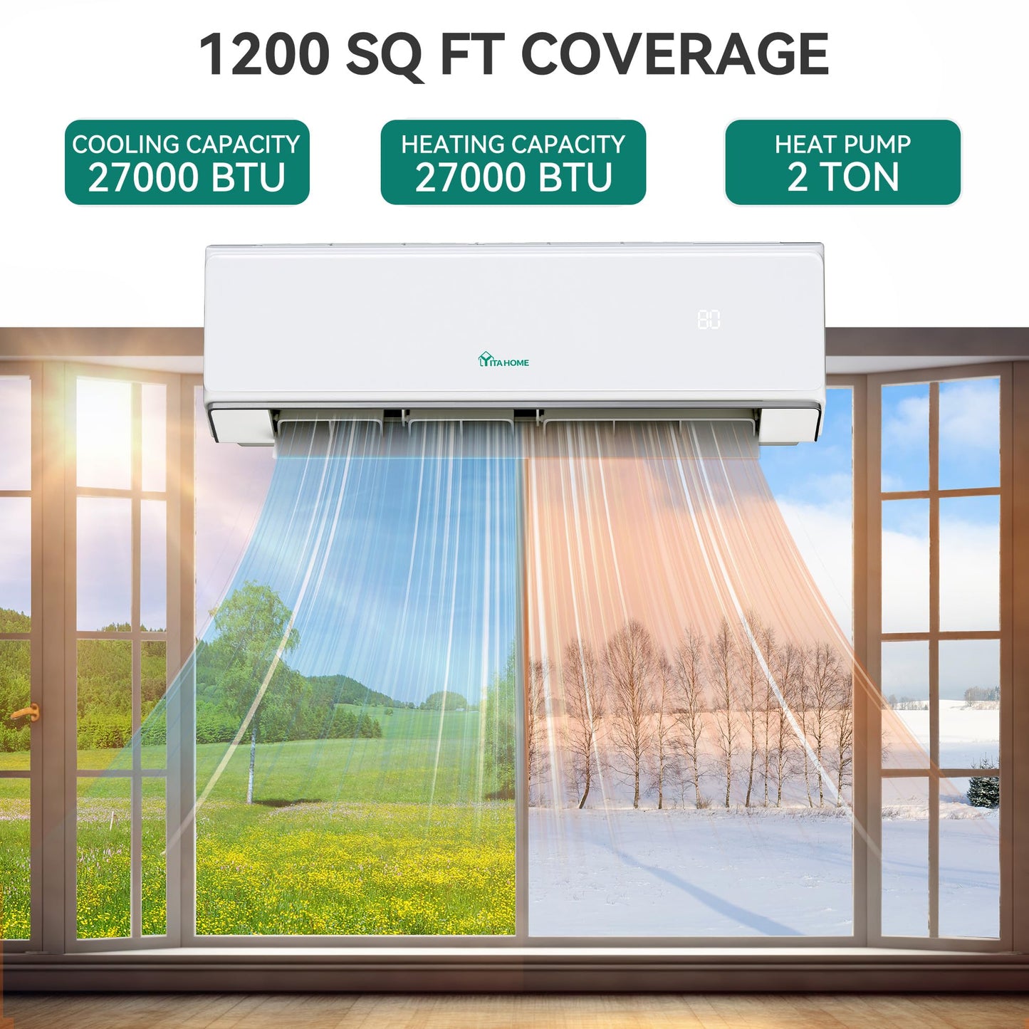 YITAHOME 23 SEER2 24K BTU 3 Zone Mini Split AC/Heating System, 9000 9000 9000 BTU Tri Zone Mini Split Air Conditioner, Wifi Enabled 208-230V Ductless AC Cool Up to 1200 Sq. Ft, Compatible with Alexa