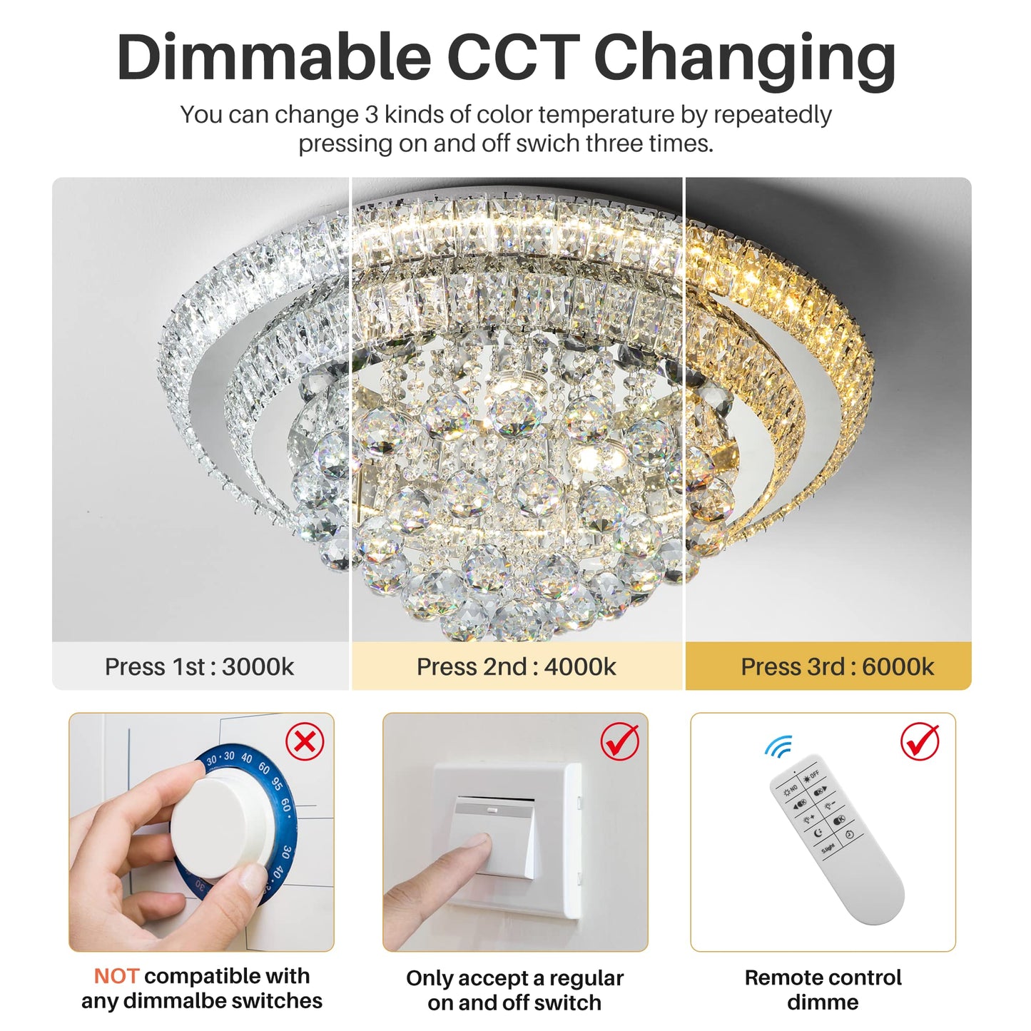 Miuyhji Elegant LED Crystal Raindrop Ceiling Light, 24" Flush Mount Chandelier Light Fixture with Remote Control for Living Room, Kitchen, Island, Bedroom, Hallway Entryway Foyer(Dimmable)