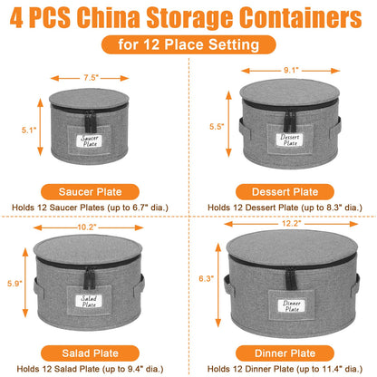 Kukikan China Storage Containers, 4 Pack Hard Shell Moving Boxes, Dish Storage Containers with Felt Dividers for Charger Plates Dinnerware, Stackable Cases for 12 Place Setting Up to 11.4" Dia.
