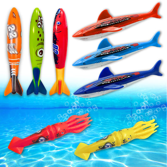 Haktoys Pool Diving Torpedo Toy Set – Underwater Shark Torpedoes, Squid Dive Toys & Swim Training Sinkers for Kids – Fun Summer Swimming Pool Toys for Boys & Girls, Indoor & Outdoor Water Games