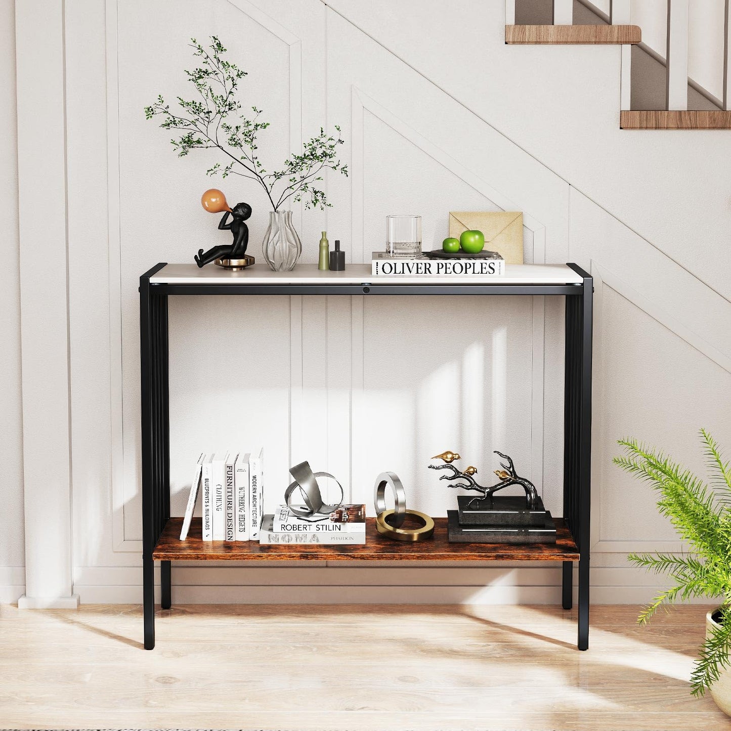Giantex 36" Narrow Console Table, 2-Tier Industrial Entryway Table with Open Storage Shelves & Metal Frame, Faux Marble Sofa Table Behind Couch for Living Room, Hallway, Foyer, White & Rustic Brown